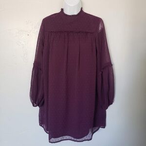 Japna Small Plum Dark Purple Long Sleeve Mini Dress Swiss Dot Mockneck Keyhole